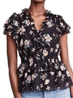 Rebecca Taylor Black Floral Ruffle-Sleeve Blouse